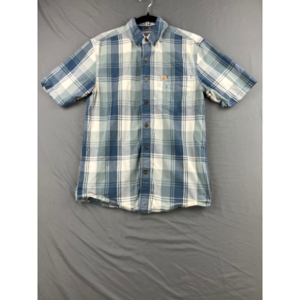 Carhartt Shirt Mens Small Relaxed Fit Blue White Plaid Short Sleeve Button Down